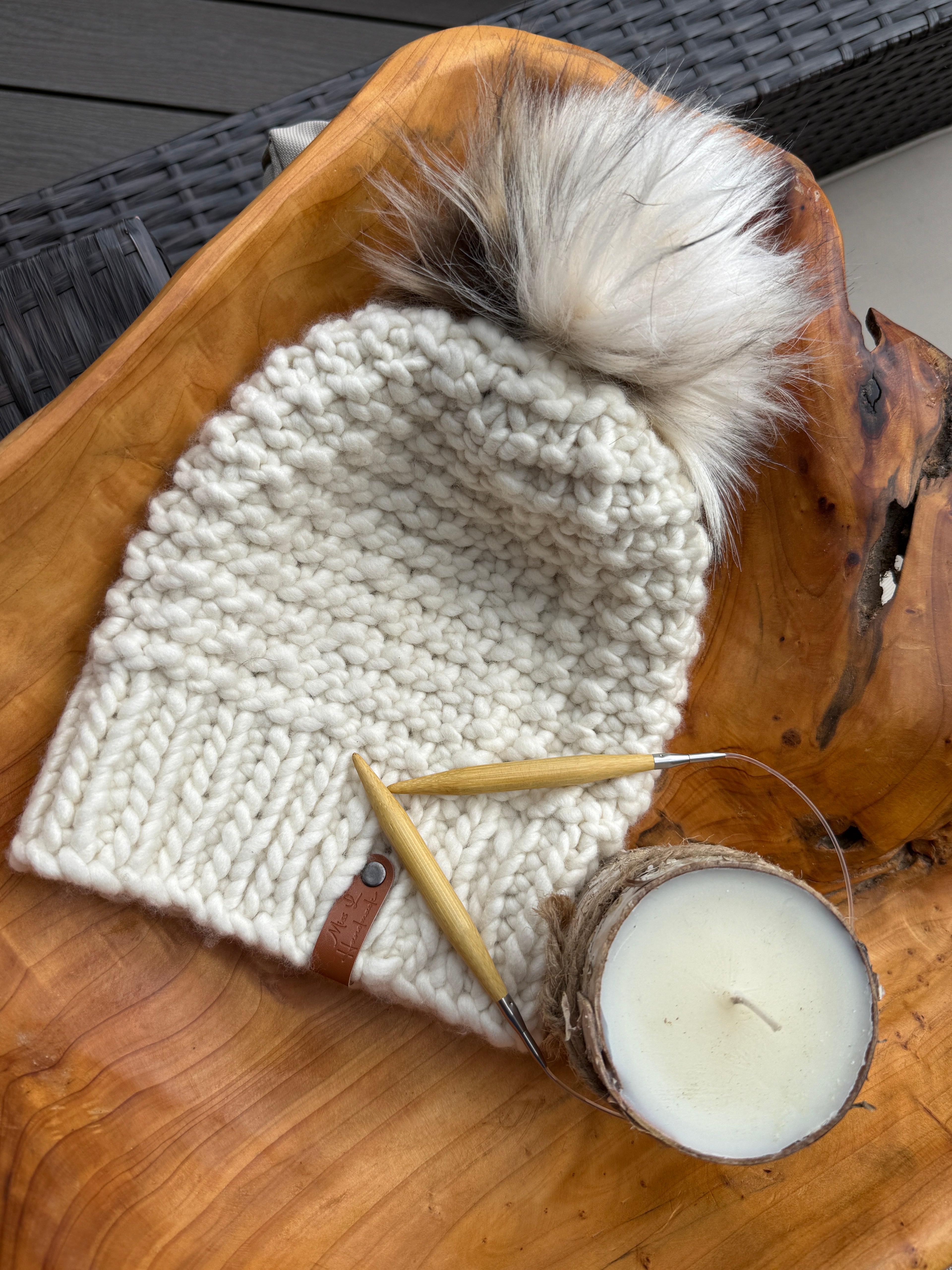 Merino Wool Hat with Faux Fur Pom