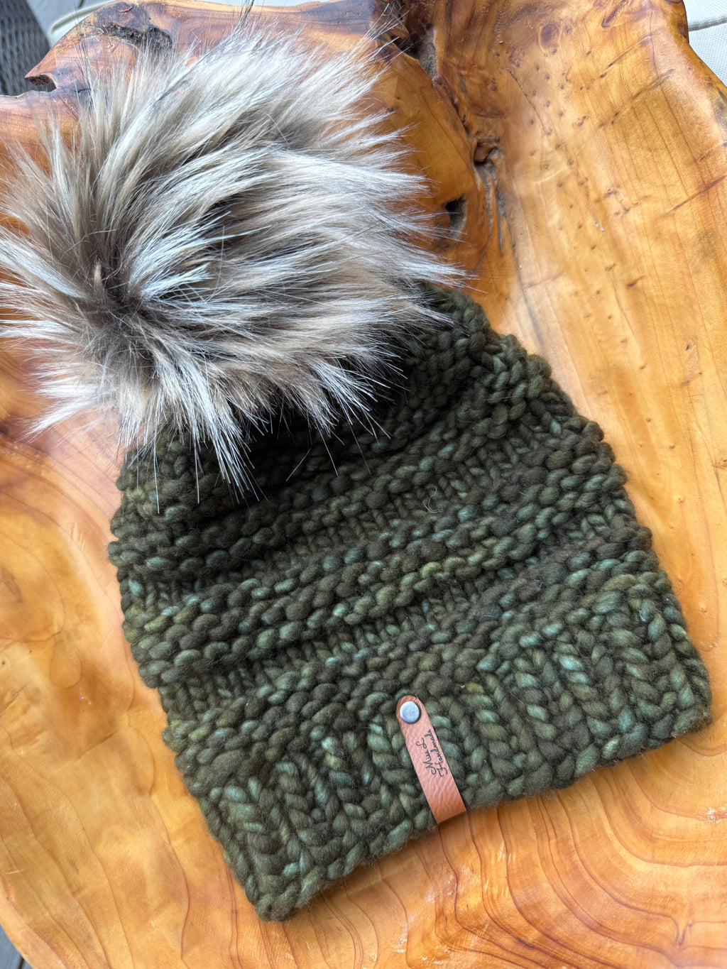 Merino Wool Knit Hat with Faux Fur Pom