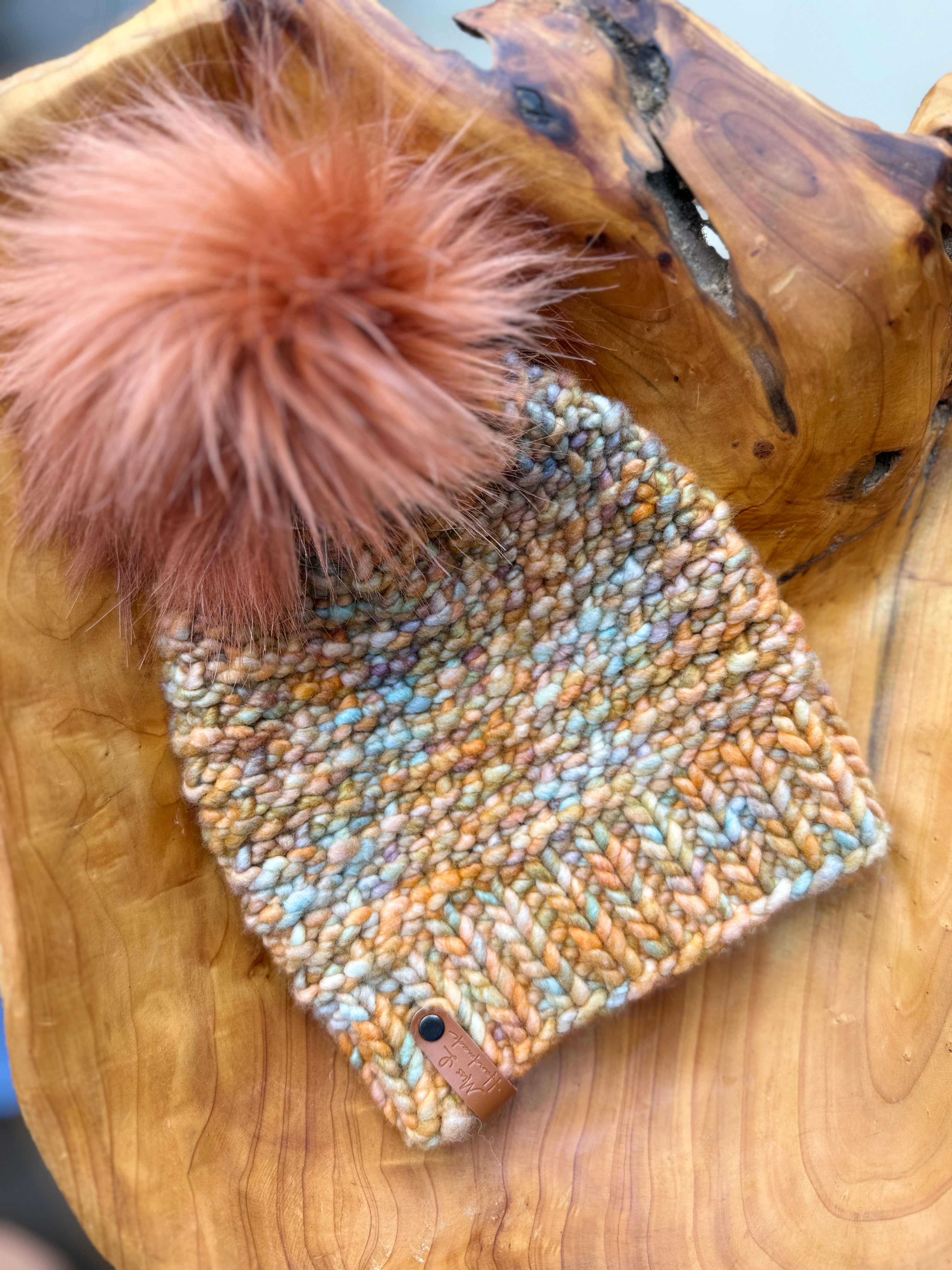 Merino Wool Knit Hat with Faux Fur Pom