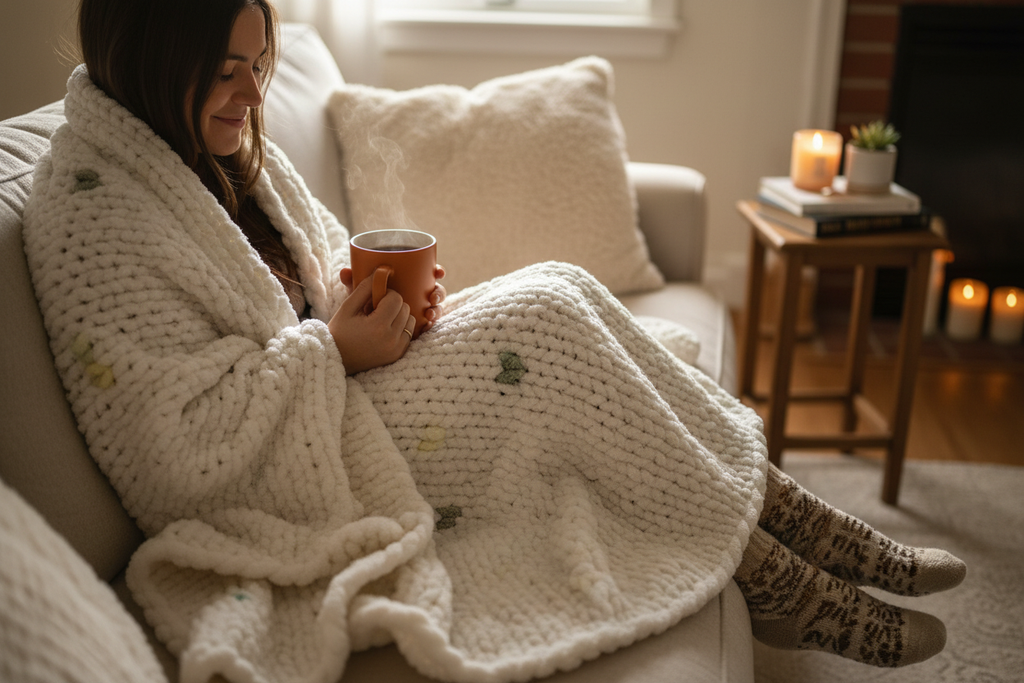 Blanket on Couch with Coffee