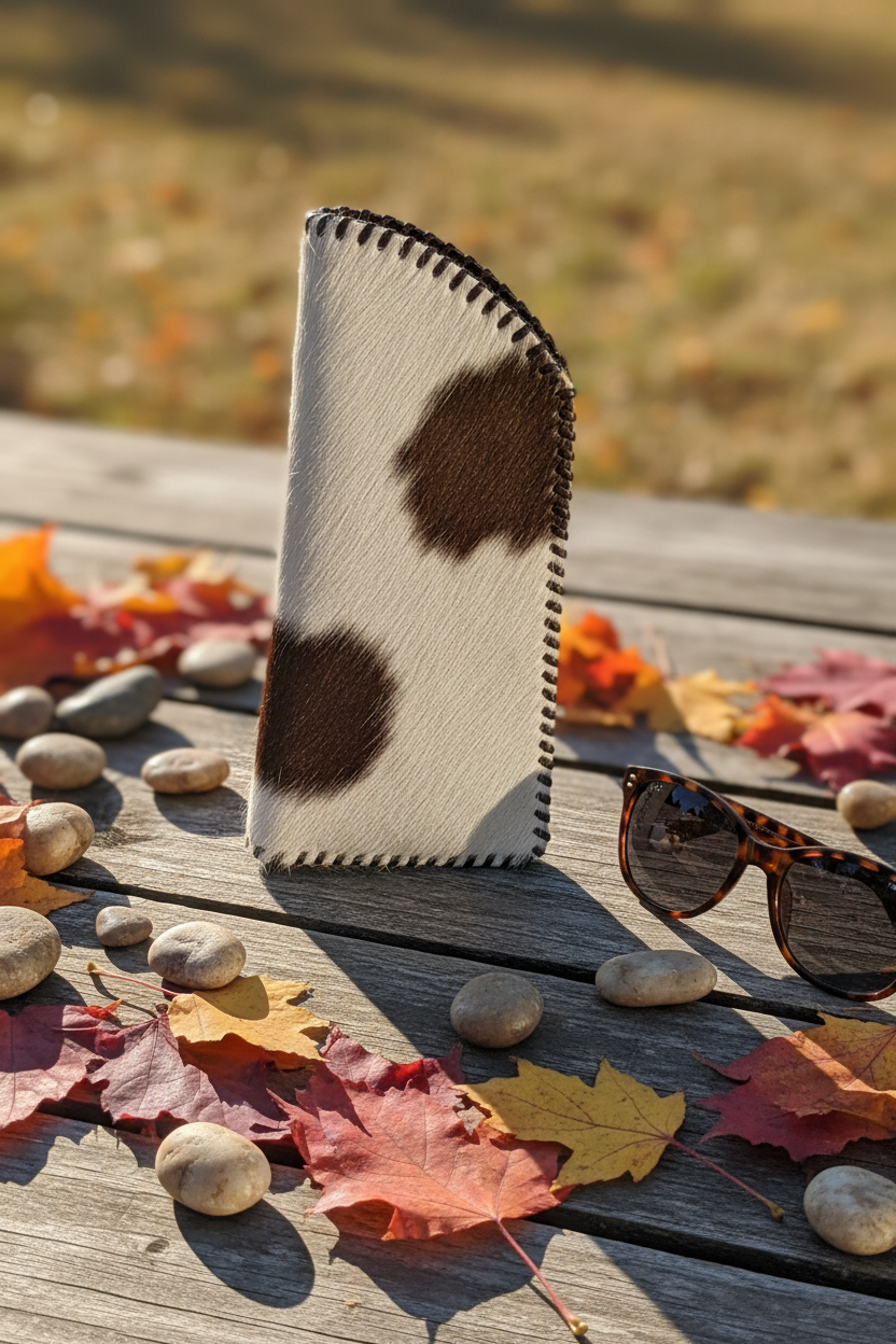 Cowhide clutch with sunglasses on picnic table