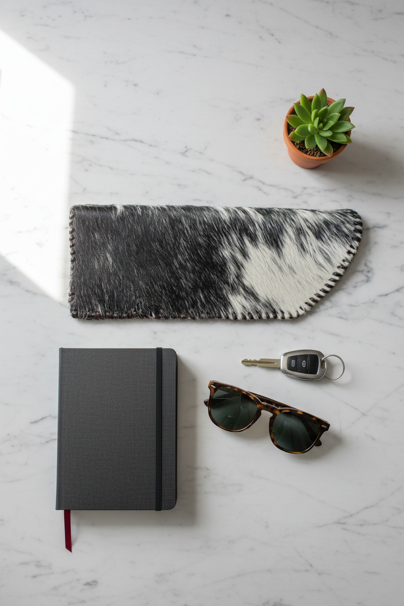 Cowhide lifestyle - overhead flat lay