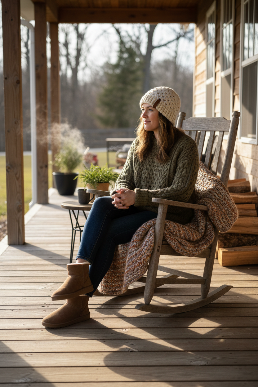 Cream crochet hat – rocking chair on porch