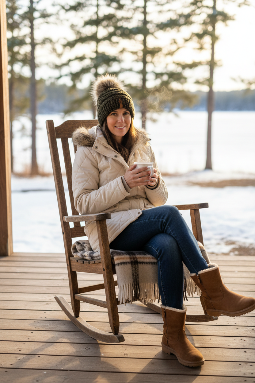 Olive green hat – rocking chair with coffee